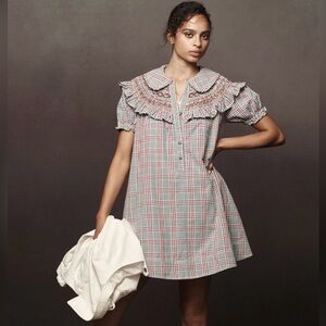 Anthropologie Pilcro v-Neck Ruffle collar smocked babydoll mini dress LP L Plaid